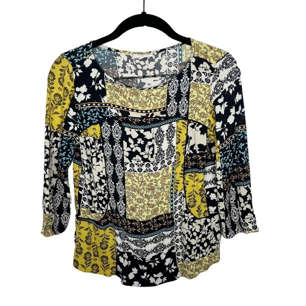 J. JILL / black yellow floral printed geometic popover blouse / XS petite